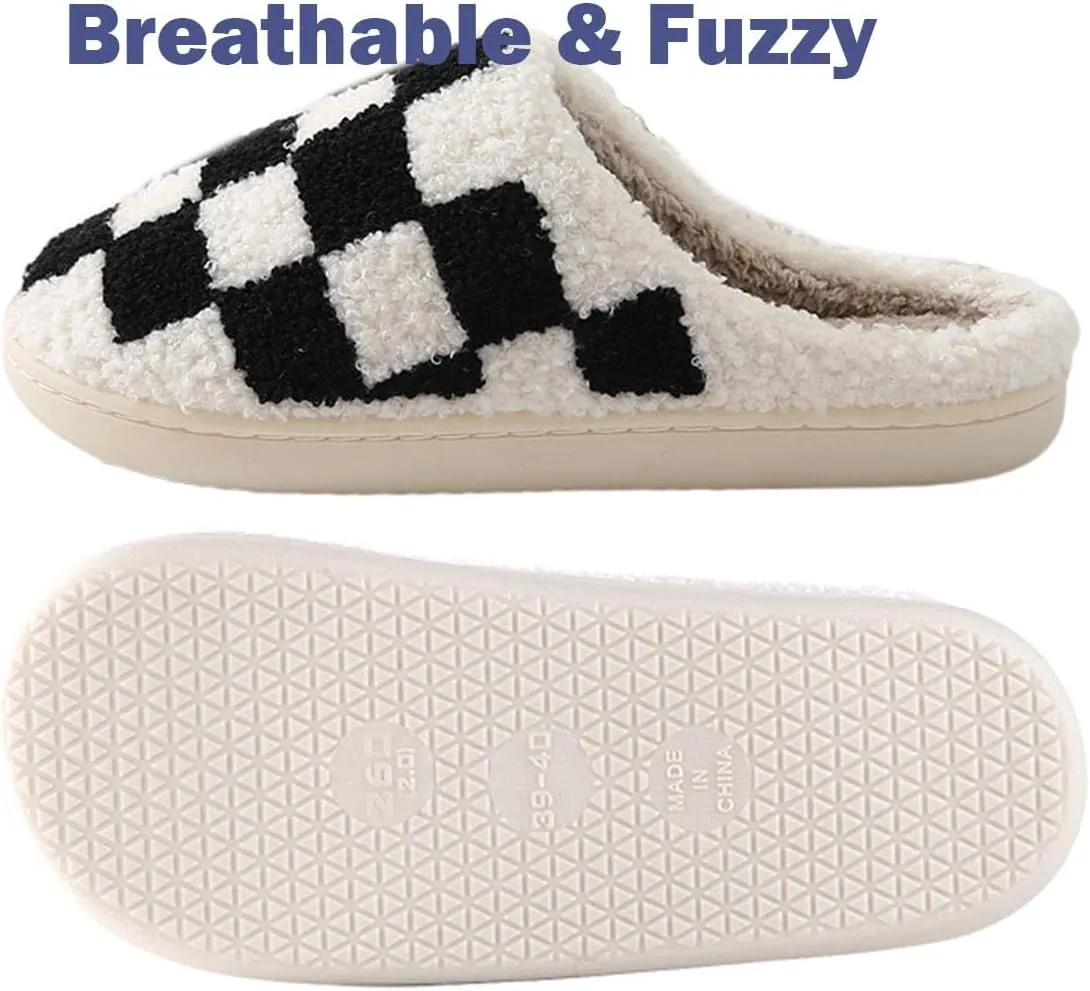 Checkered Slippers - Men & Women's Funny, Fluffy House & Outdoor Shoes - Memory Foam, Warm, Plush Bedroom Slippers for Winter