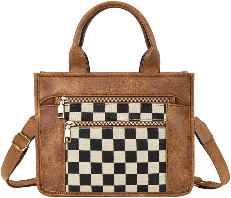 Checkered Tote Bag for Women - Plaid Handbag Checkerboard Crossbody Shoulder Bag Trendy Checkered Work Tote Purse
