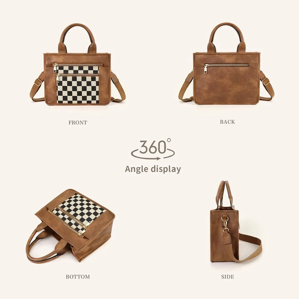 Checkered Tote Bag for Women - Plaid Handbag Checkerboard Crossbody Shoulder Bag Trendy Checkered Work Tote Purse