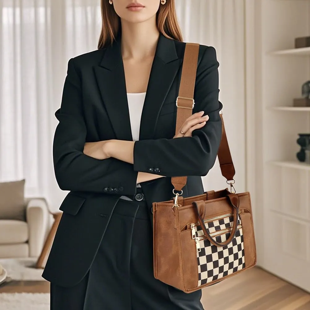 Checkered Tote Bag for Women - Plaid Handbag Checkerboard Crossbody Shoulder Bag Trendy Checkered Work Tote Purse