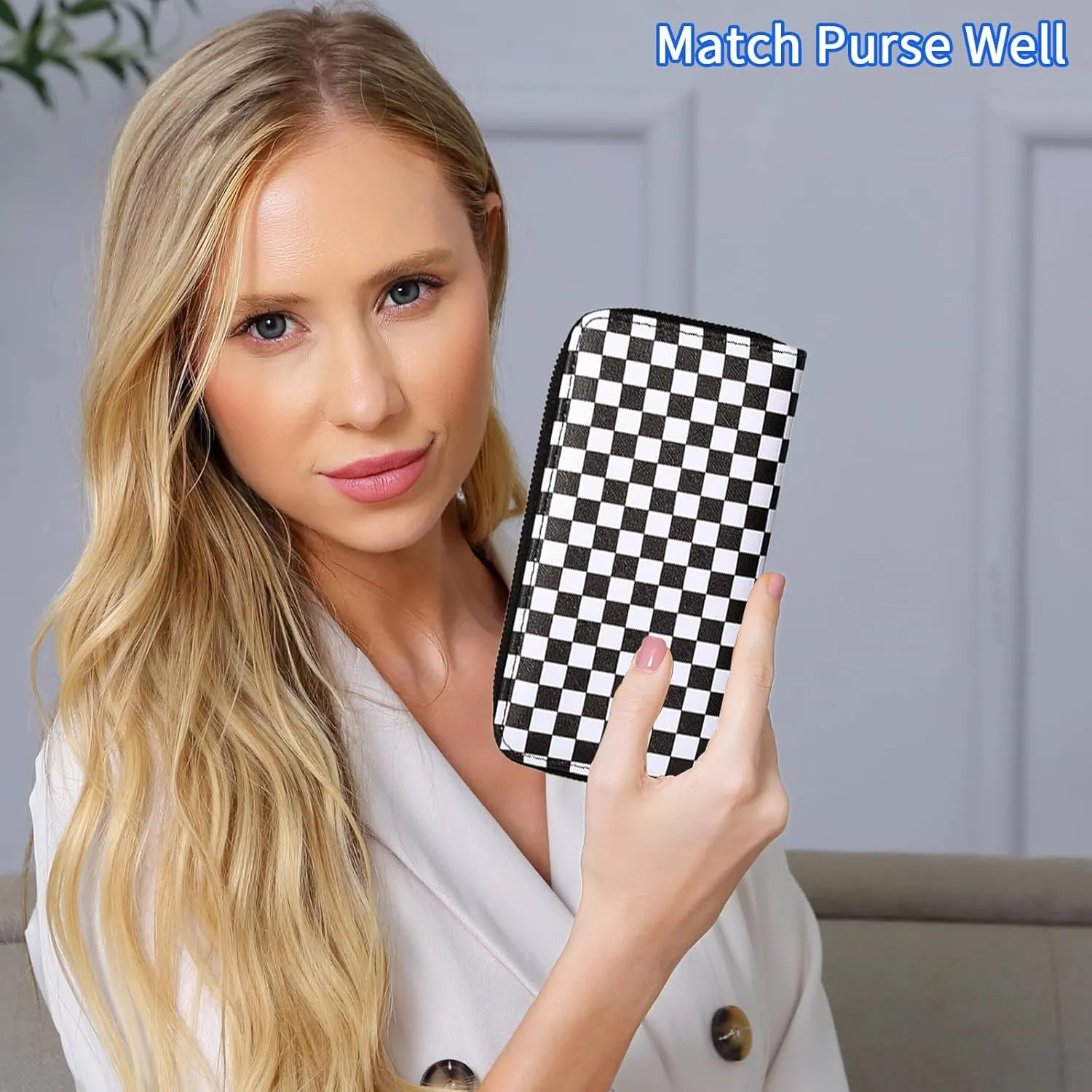 Checkered Wallets for Women Cute Large Capacity Black White Plaid Purse 2 Zippers Credit Card Holder (checkered)