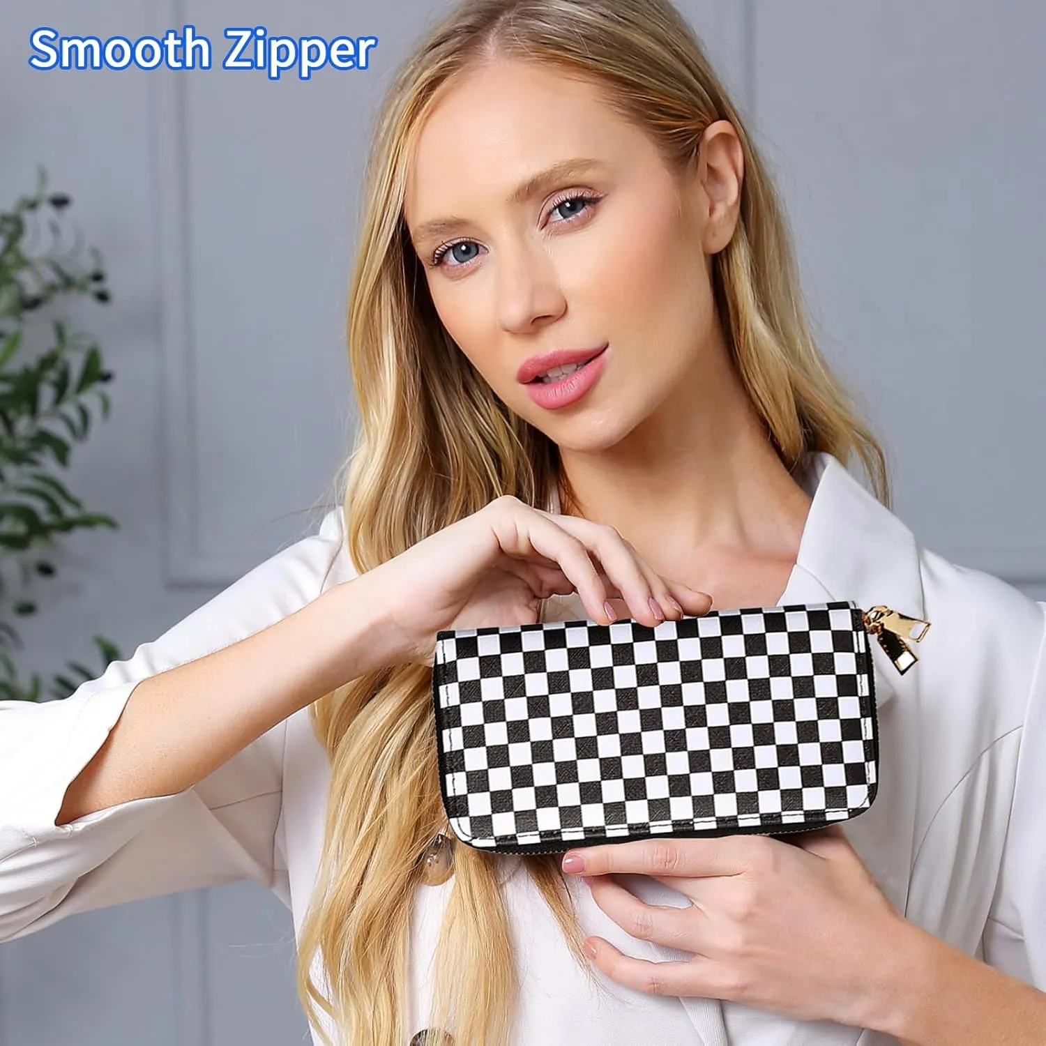 Checkered Wallets for Women Cute Large Capacity Black White Plaid Purse 2 Zippers Credit Card Holder (checkered)