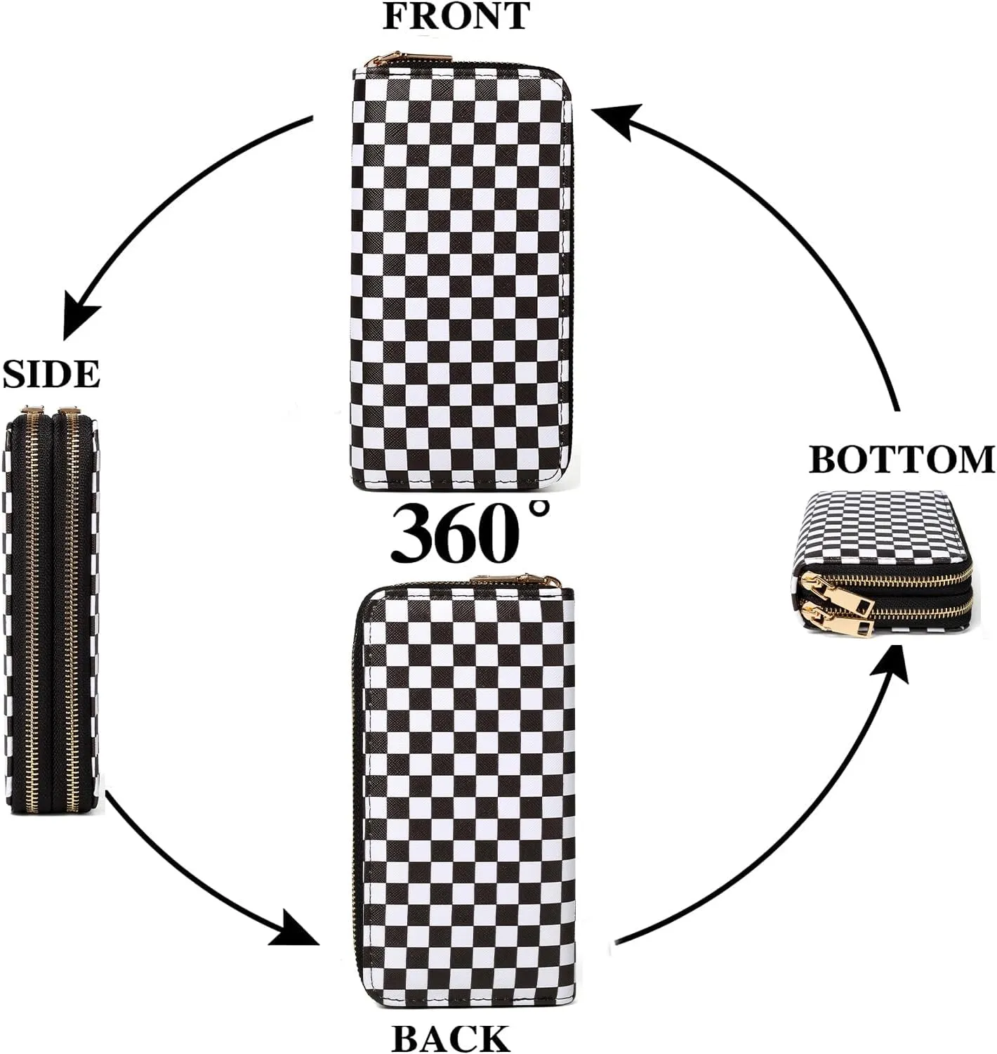 Checkered Wallets for Women Cute Large Capacity Black White Plaid Purse 2 Zippers Credit Card Holder (checkered)
