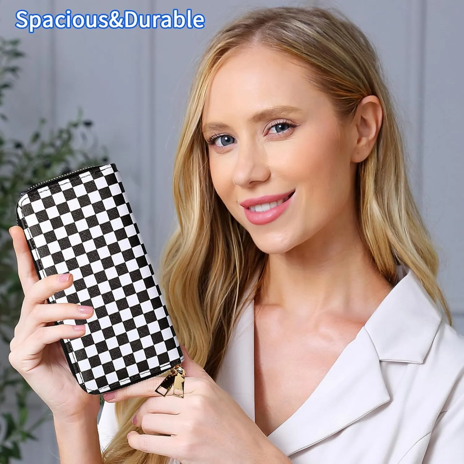 Checkered Wallets for Women Cute Large Capacity Black White Plaid Purse 2 Zippers Credit Card Holder (checkered)