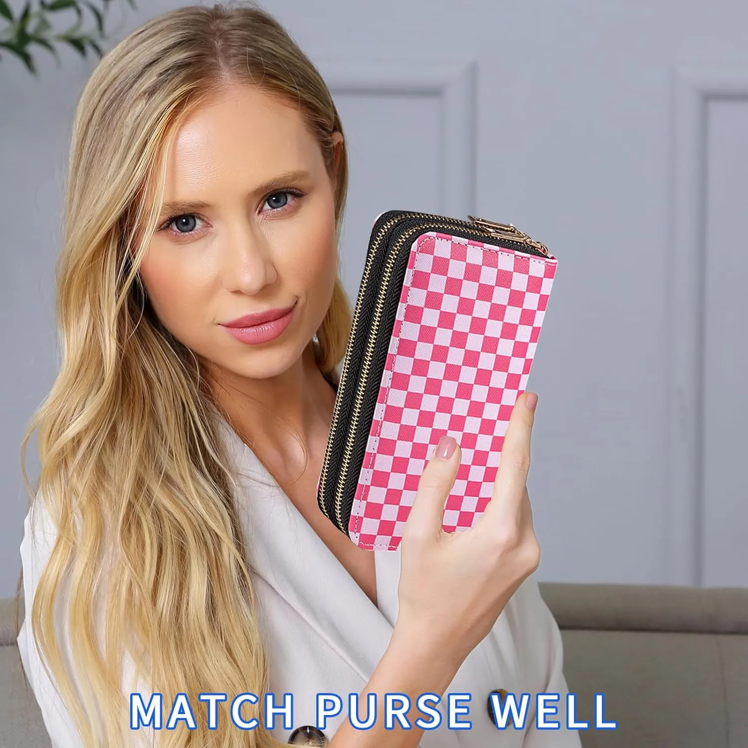 Checkered Wallets for Women Cute Large Capacity Pink Female Plaid Purse 2 Zippers Credit Card Holder
