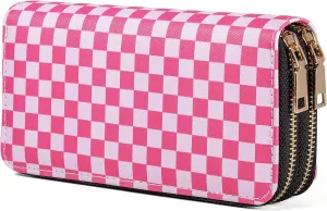 Checkered Wallets for Women Cute Large Capacity Pink Female Plaid Purse 2 Zippers Credit Card Holder