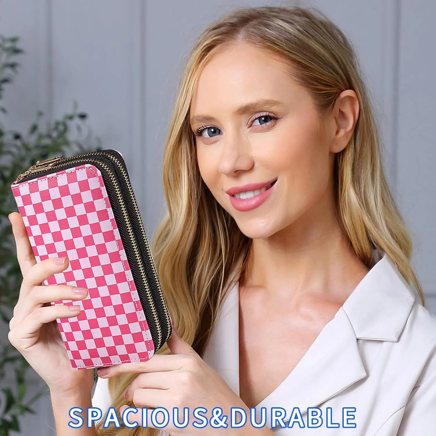 Checkered Wallets for Women Cute Large Capacity Pink Female Plaid Purse 2 Zippers Credit Card Holder