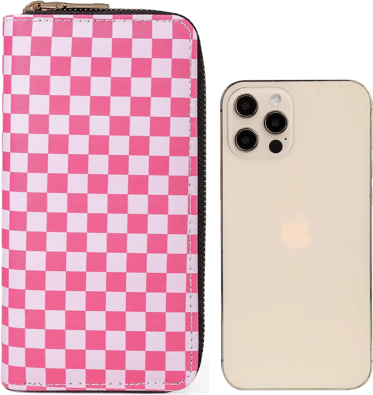 Checkered Wallets for Women Cute Large Capacity Pink Female Plaid Purse 2 Zippers Credit Card Holder
