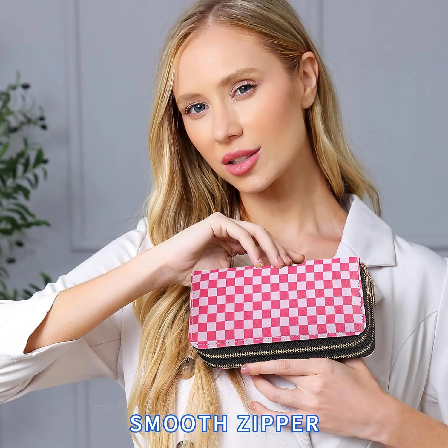 Checkered Wallets for Women Cute Large Capacity Pink Female Plaid Purse 2 Zippers Credit Card Holder