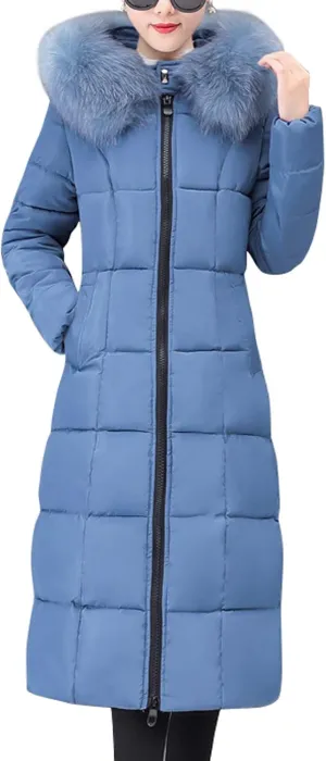 chouyatou Women's Winter Windproof Padded Long Down Alternative Coat Faux Fur Hood