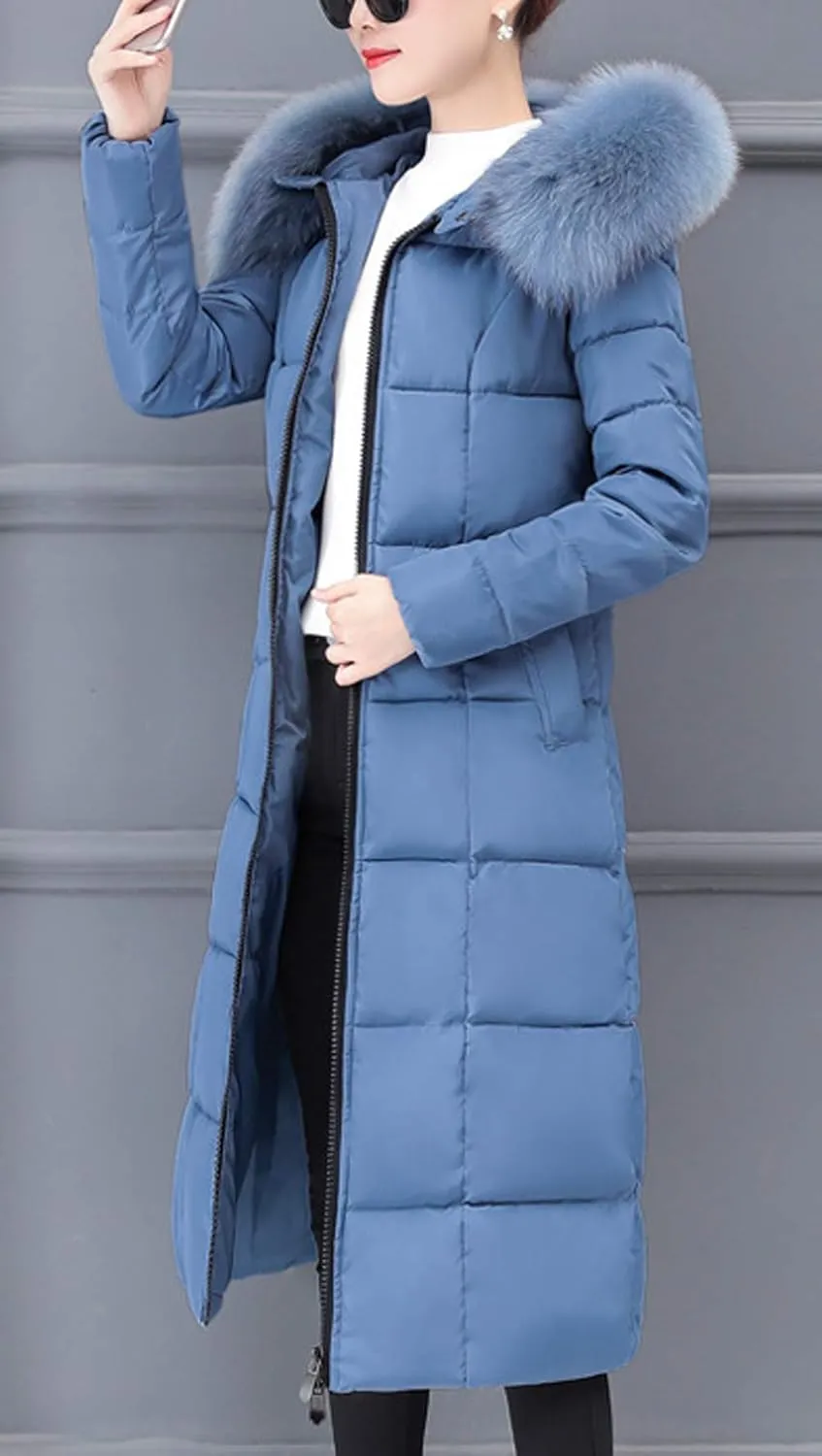 chouyatou Women's Winter Windproof Padded Long Down Alternative Coat Faux Fur Hood