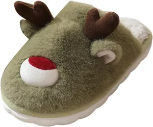 Christmas Slippers for Women Cute Reindeer Indoor Bedroom Fluffy Warm Fleece Slippers for Winter Indoor Home Walking