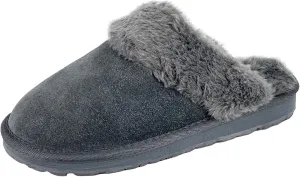 Clarks Womens Open Back Suede Leather Comfort Clog Slipper JMS0583C - Plush Faux Fur Trim - Indoor Outdoor House Slippers For Women (6 M US, Grey)