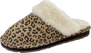 Clarks Womens Open Back Suede Leather Comfort Clog Slipper JMS0583C - Plush Faux Fur Trim - Indoor Outdoor House Slippers For Women (9 M US, Tan/Brown Leopard)