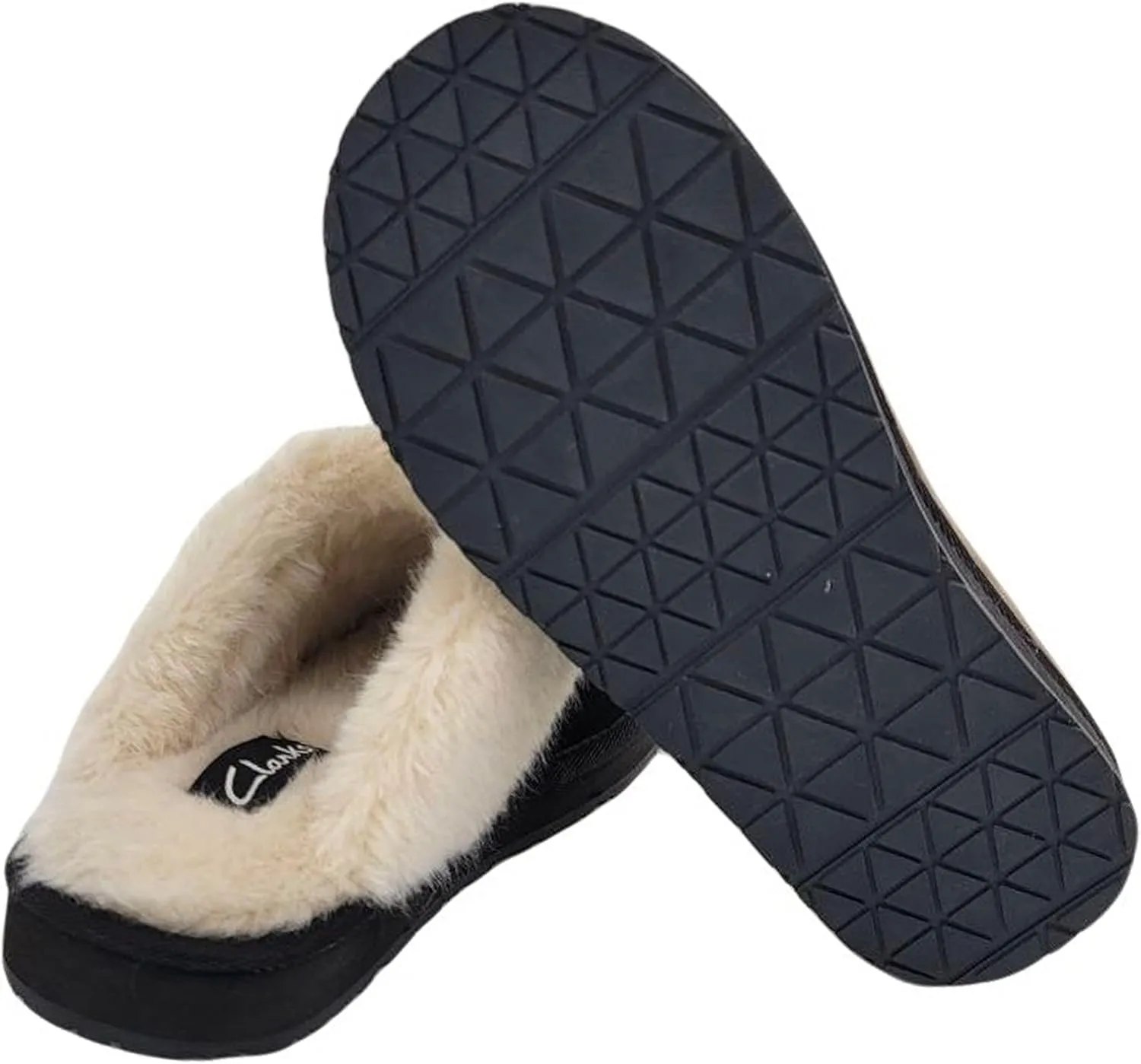 Clarks Womens Open Back Suede Leather Comfort Clog Slipper JMS0583C - Plush Faux Fur Trim - Indoor Outdoor House Slippers For Women