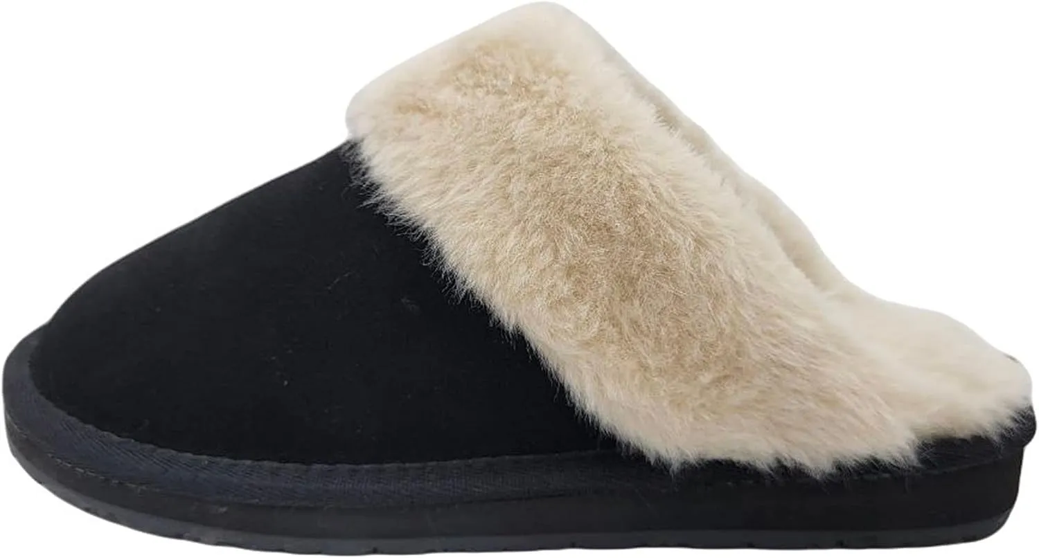 Clarks Womens Open Back Suede Leather Comfort Clog Slipper JMS0583C - Plush Faux Fur Trim - Indoor Outdoor House Slippers For Women