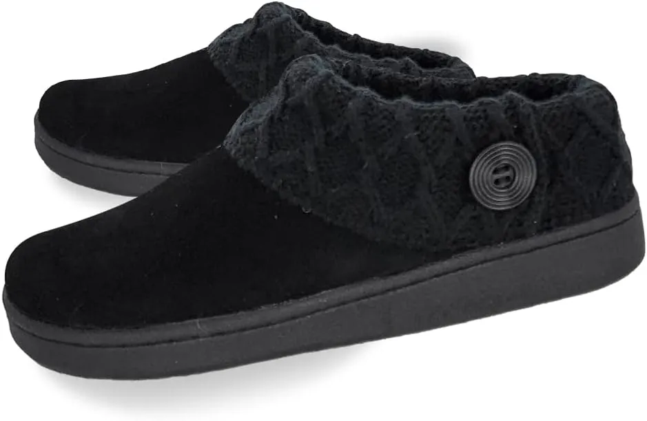 Clarks Womens Suede Leather Comfort Clog Knitted Collar Slipper - Plush Faux Fur Trim - Indoor Outdoor House Slippers For Women (Black/BlackX 6M)