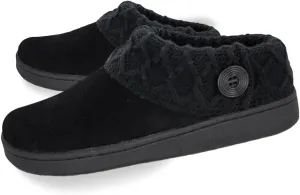 Clarks Womens Suede Leather Comfort Clog Knitted Collar Slipper - Plush Faux Fur Trim - Indoor Outdoor House Slippers For Women (Black/BlackX 6M)