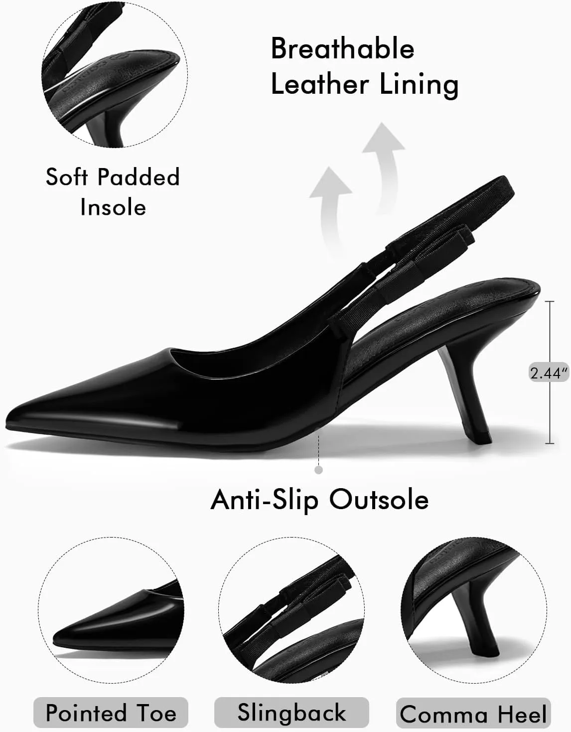 Coutgo Womens Slingback Kitten Heels Closed Pointed Toe Bowknot Patent Leather Slip on Work Pumps Dress Shoes