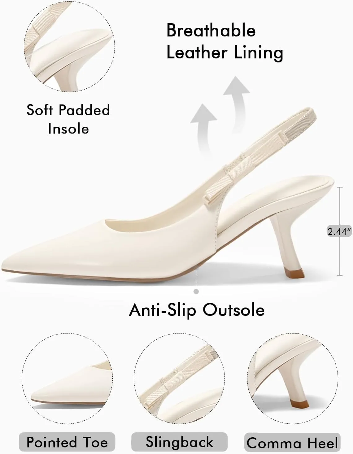 Coutgo Womens Slingback Kitten Heels Closed Pointed Toe Bowknot Patent Leather Slip on Work Pumps Dress Shoes