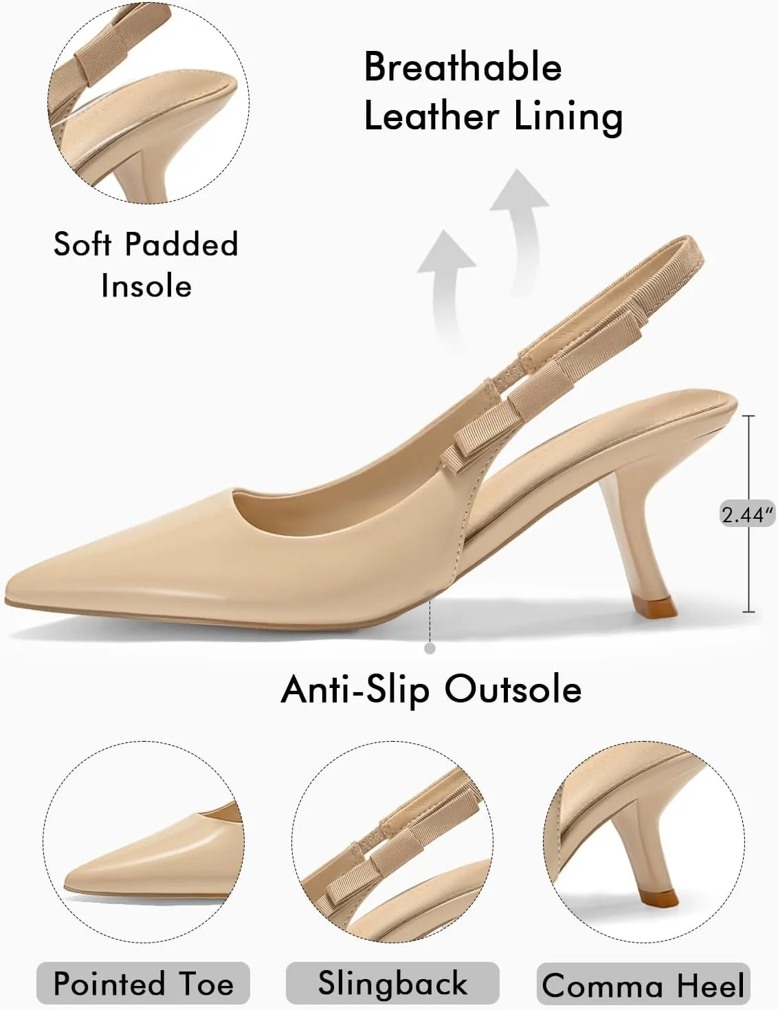 Coutgo Womens Slingback Kitten Heels Closed Pointed Toe Bowknot Patent Leather Slip on Work Pumps Dress Shoes