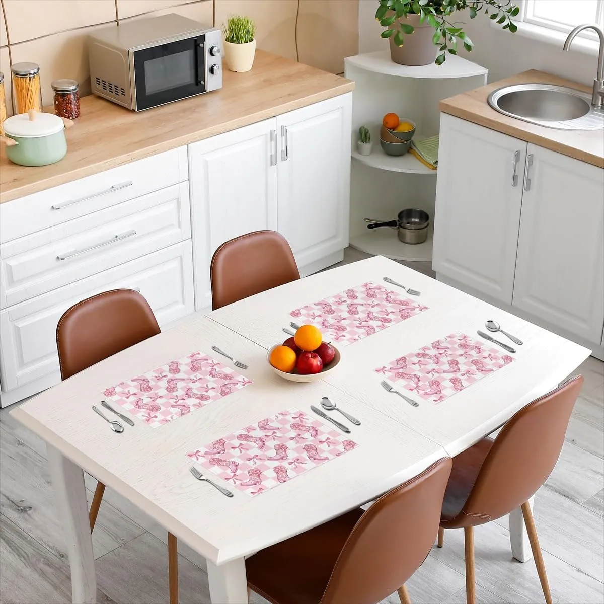Cowgirls Table Mats 12x18 Boots Hats Place Mat for Girls Women Bowknot Geometry Checkered White Pink Heat Resisting Placemats Set of 4