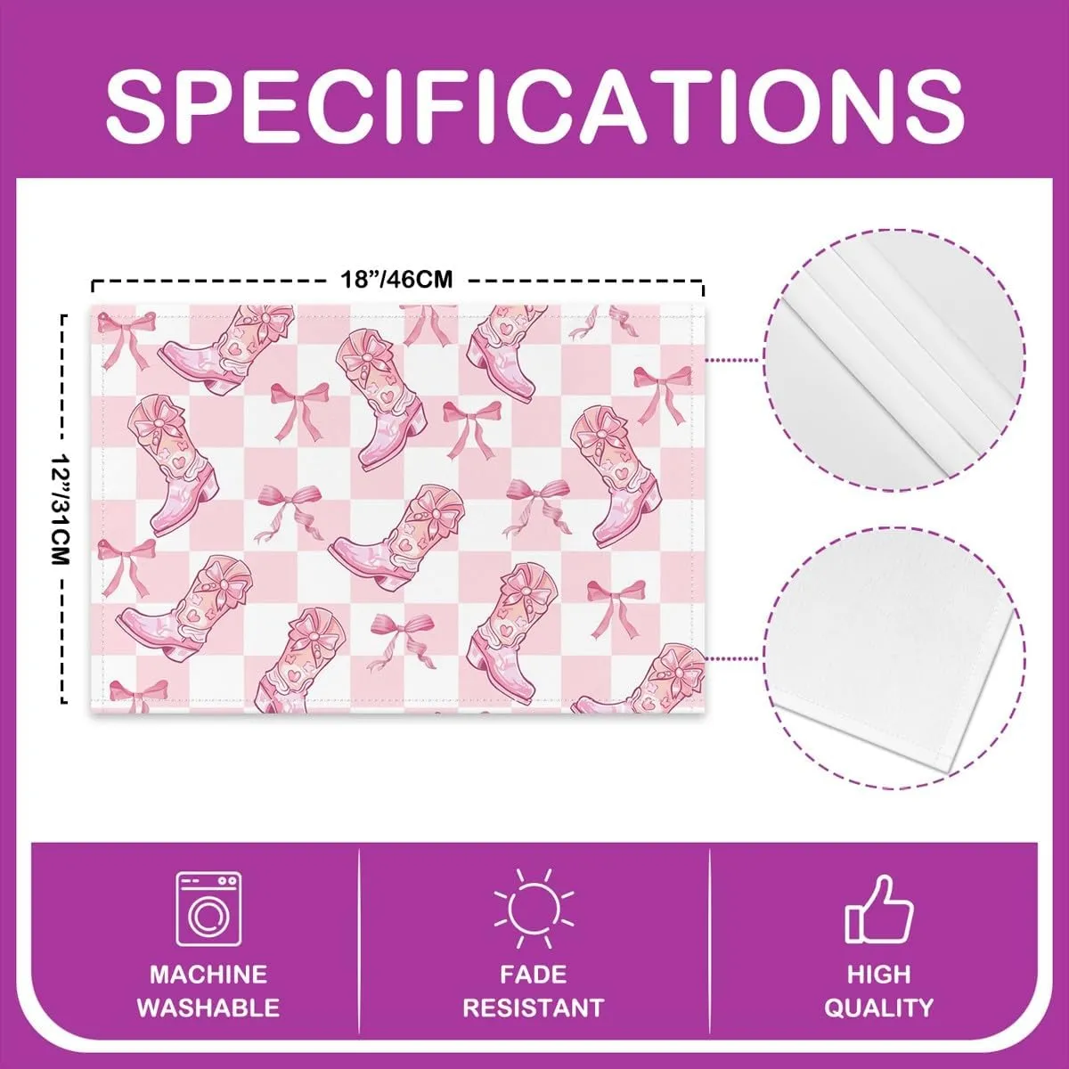 Cowgirls Table Mats 12x18 Boots Hats Place Mat for Girls Women Bowknot Geometry Checkered White Pink Heat Resisting Placemats Set of 4