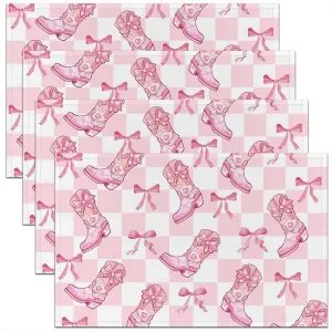 Cowgirls Table Mats 12x18 Boots Hats Place Mat for Girls Women Bowknot Geometry Checkered White Pink Heat Resisting Placemats Set of 4