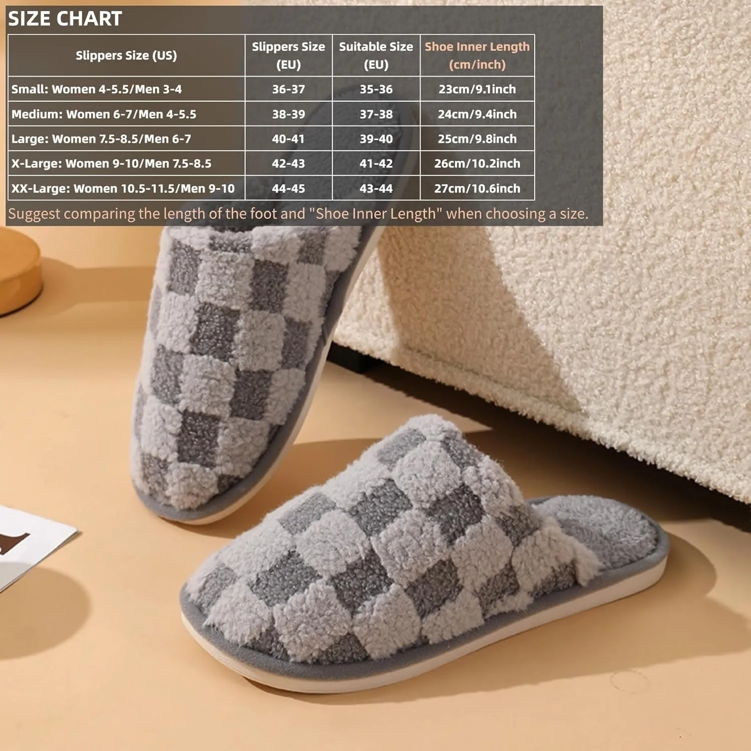 Cozy Plush Checkered Slippers for Women Men Winter Warm Indoor Cotton House Shoes with Soft Sole Lightweight Portable