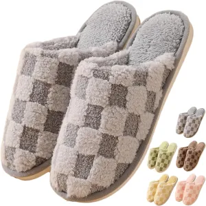 Cozy Plush Checkered Slippers for Women Men Winter Warm Indoor Cotton House Shoes with Soft Sole Lightweight Portable