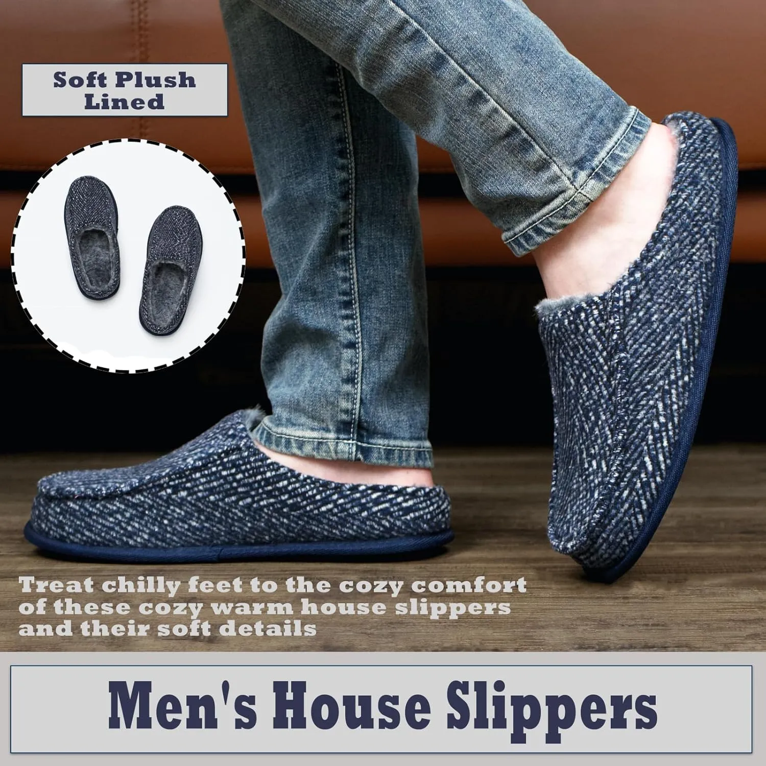 Cozylook Men's Slip-on Slippers, Memory Foam Padded House Moccasins, Non-Slip Sole Indoor/Outdoor, Soft Plush Lining, Cozy Gifts, Sizes 8-15