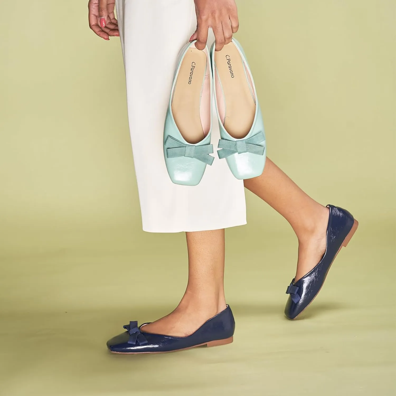 C.Paravano Women's Flats with Bowknot, Comfortable Square Toe Ballet Flats, Casual Slip On Shoes Flat, Women Dress Shoes for Walking Wedding Work Office