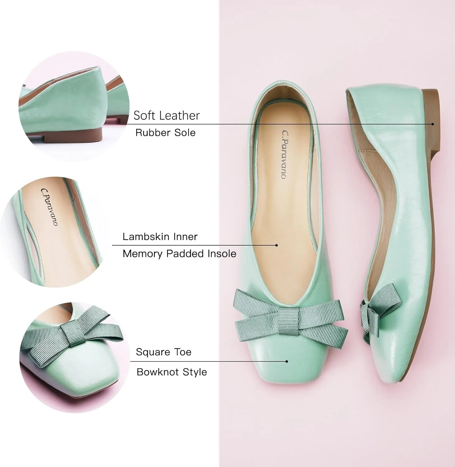 C.Paravano Women's Flats with Bowknot, Comfortable Square Toe Ballet Flats, Casual Slip On Shoes Flat, Women Dress Shoes for Walking Wedding Work Office