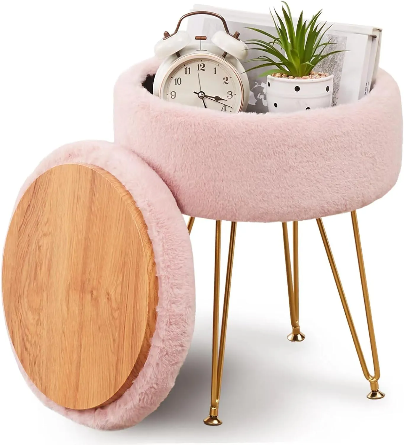 Cplxroc Ottomans Round Faux Fur Ottoman with Storage Footstools Vanity Chair Coffee Table Ottoman for Living Room (Pink)