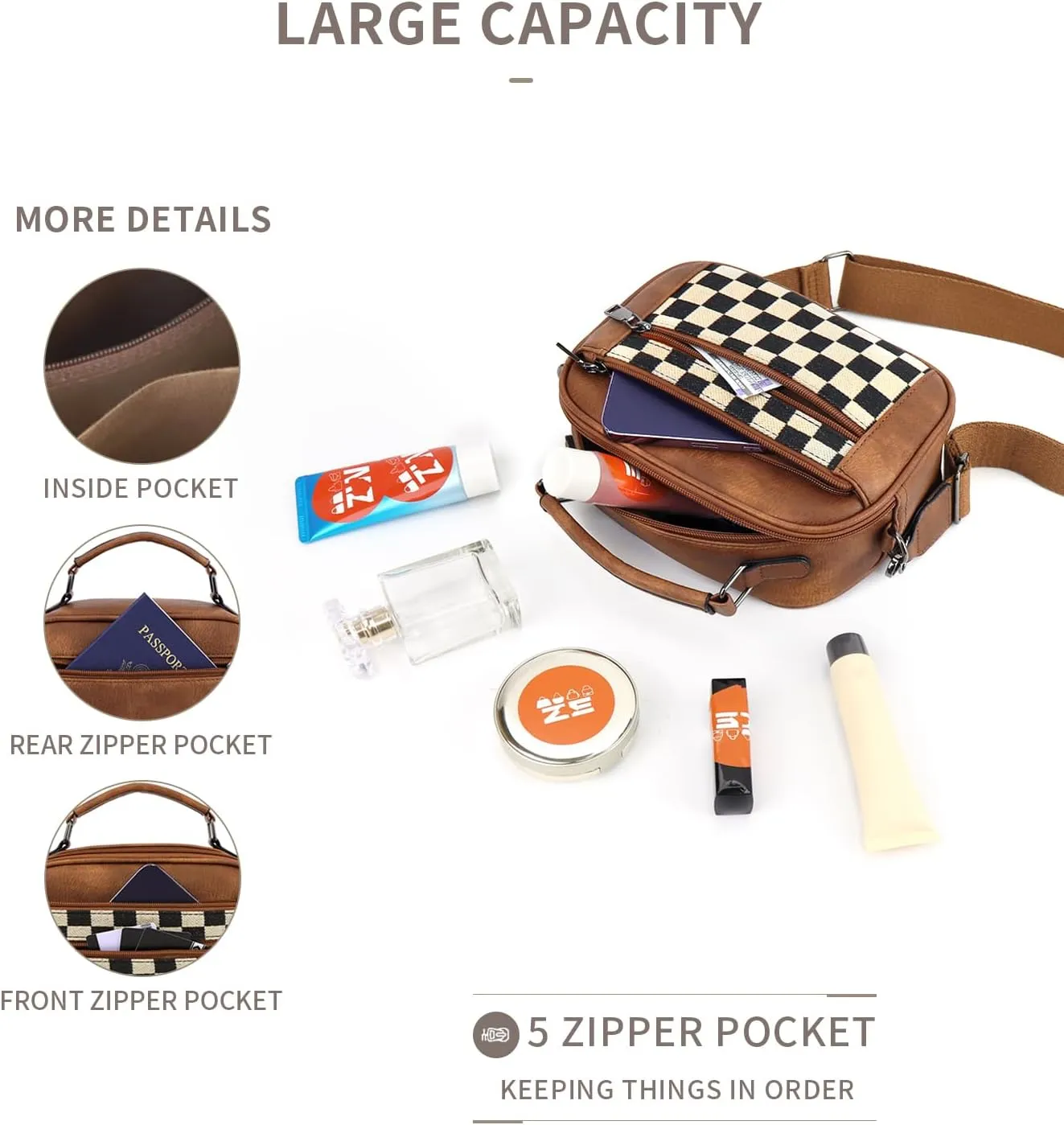 Crossbody Bags for Women,Checkered Shoulder Bag Black and White Plaid Bum Bag,Top-Handle Sling Bag Leather Fanny Packs