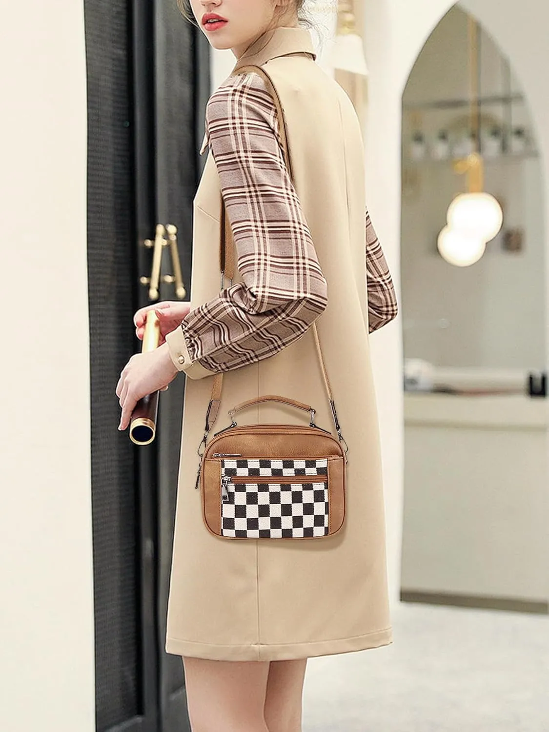 Crossbody Bags for Women,Checkered Shoulder Bag Black and White Plaid Bum Bag,Top-Handle Sling Bag Leather Fanny Packs
