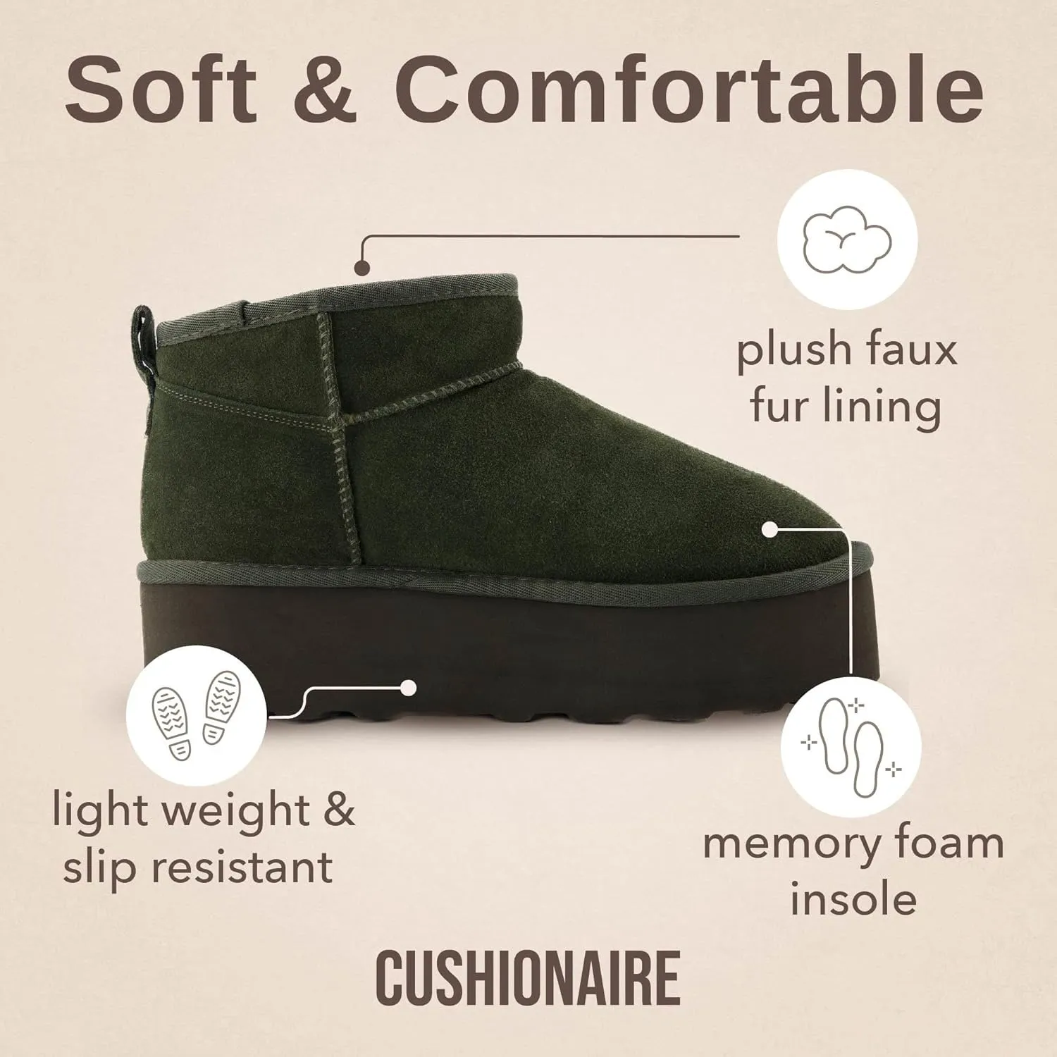 CUSHIONAIRE Hippy Women’s Platform Ankle Boots – Genuine Suede, Faux Fur Lining, Cozy Winter Slip-On Design, Comfortable Footwear with Wide Widths Available