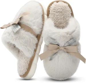 Cute Women's Memory Foam House Slippers - Fuzzy Plush Faux Fur Slippers with Bow Butterfly Tie - Anti-Skid Indoor/Outdoor Gifts for Women, Moms & Ladies