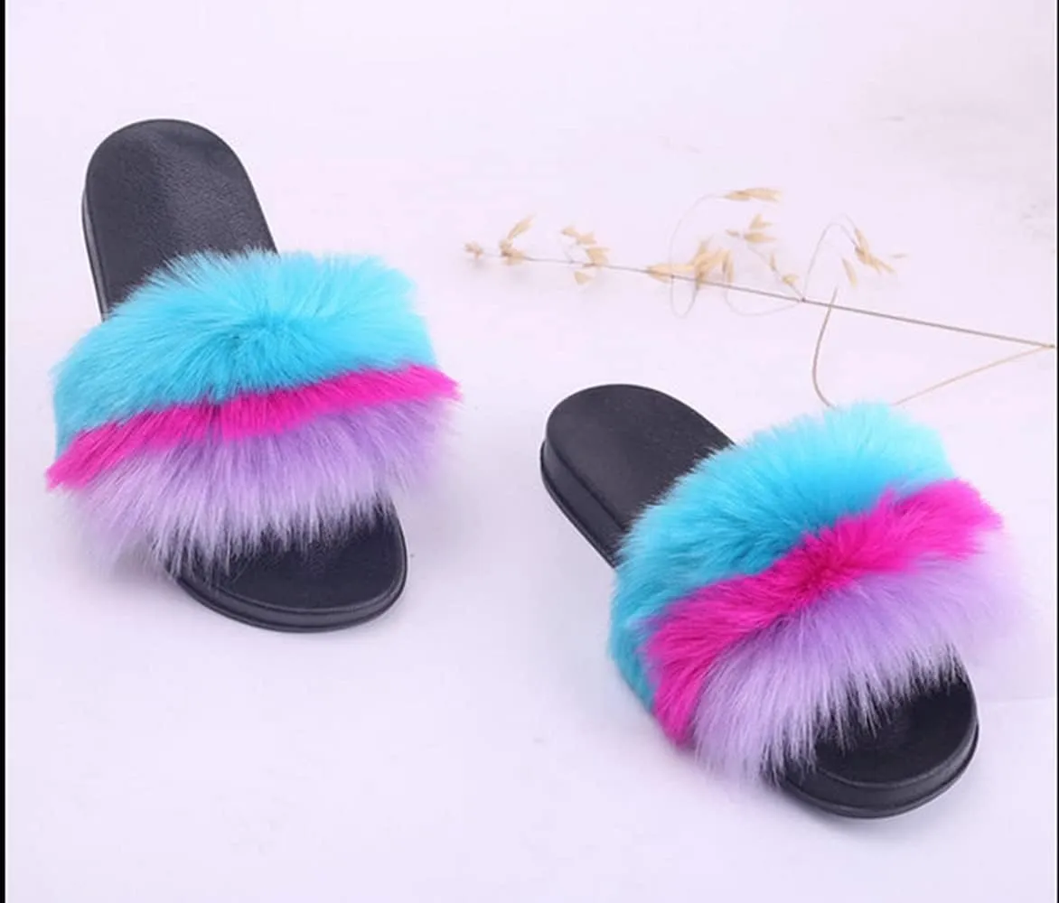 DAYISS Women Faux Fox Fur Slippers Summer Feather Open Toe Single Strap Slip On Sandals