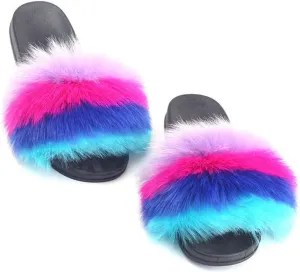 DAYISS Women Faux Fox Fur Slippers Summer Feather Open Toe Single Strap Slip On Sandals