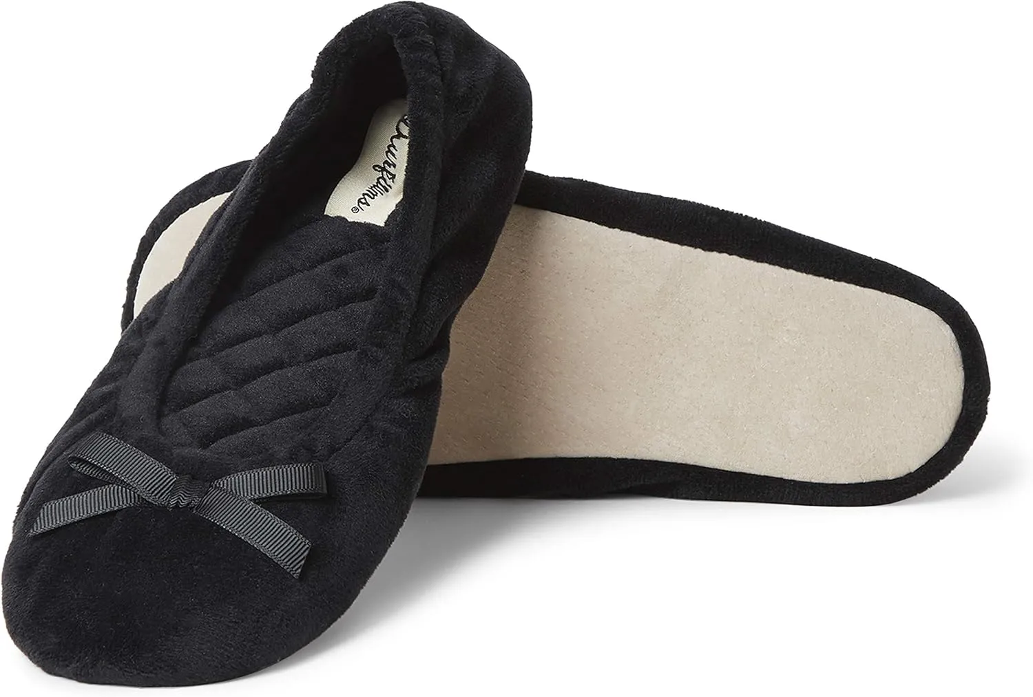 Dearfoams Women's Layla Ballerina Slipper with Memory Foam, Soft Tie Bow and Suede Sole
