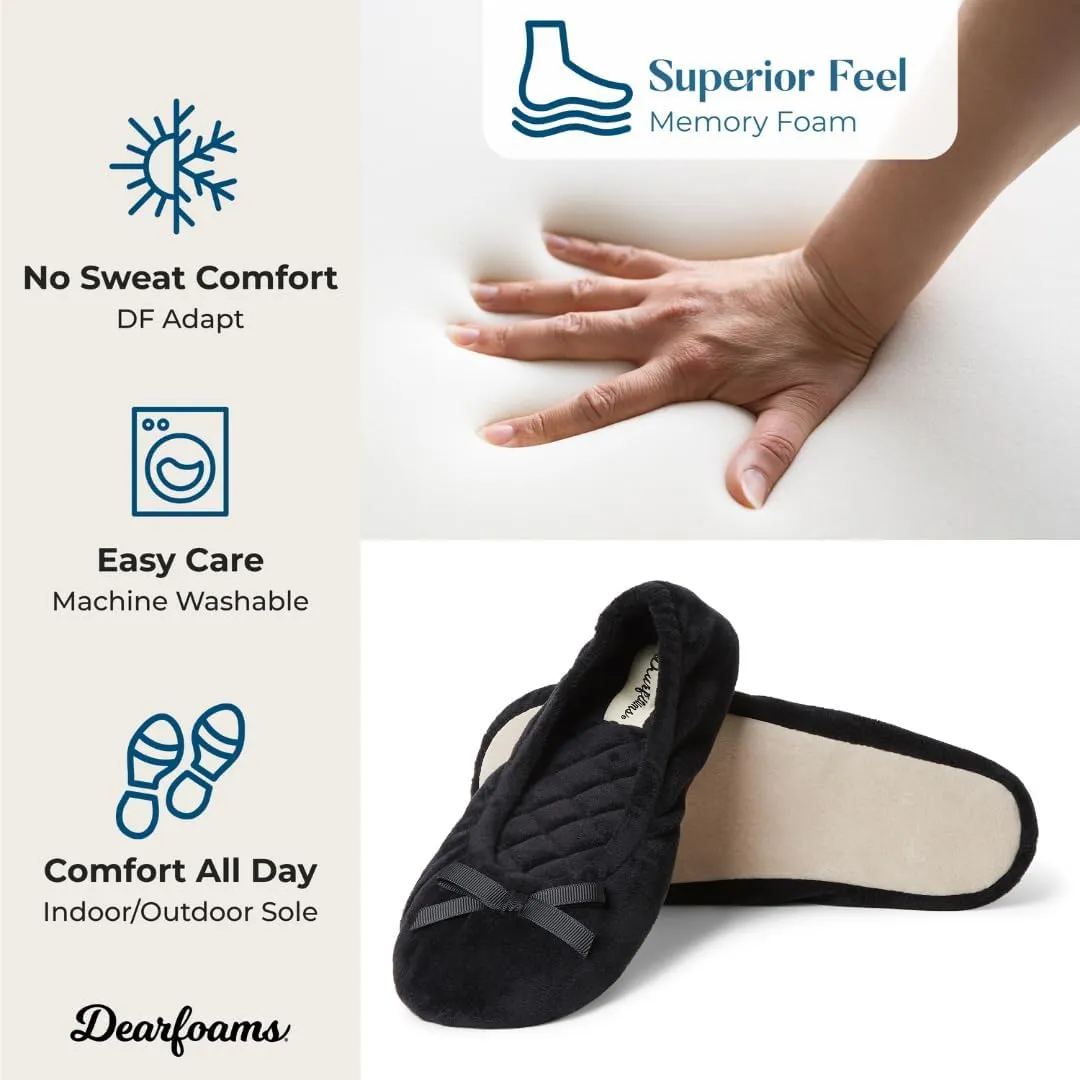 Dearfoams Women's Layla Ballerina Slipper with Memory Foam, Soft Tie Bow and Suede Sole