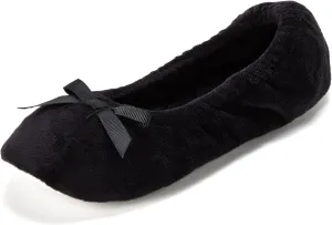 Dearfoams Women's Layla Ballerina Slipper with Memory Foam, Soft Tie Bow and Suede Sole