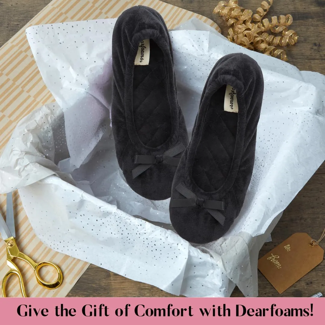 Dearfoams Women's Layla Ballerina Slipper with Memory Foam, Soft Tie Bow and Suede Sole