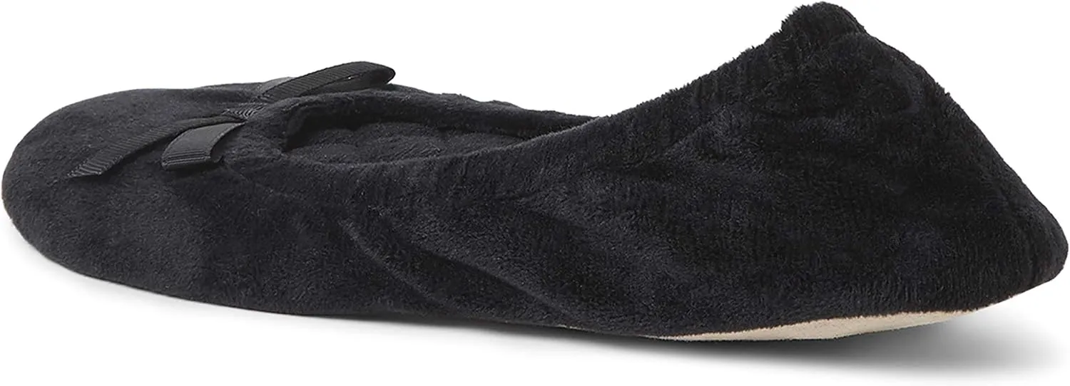 Dearfoams Women's Layla Ballerina Slipper with Memory Foam, Soft Tie Bow and Suede Sole