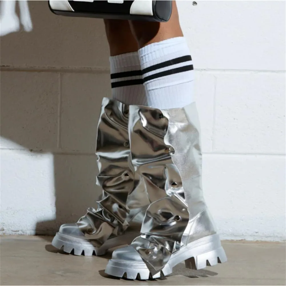 DETOGNI Womens Metallic Mid Calf Pull-On Fit Flat Boots Scrunched Detachable Overlay Snap Buttons Chunky Platform Rounded Toe Booties