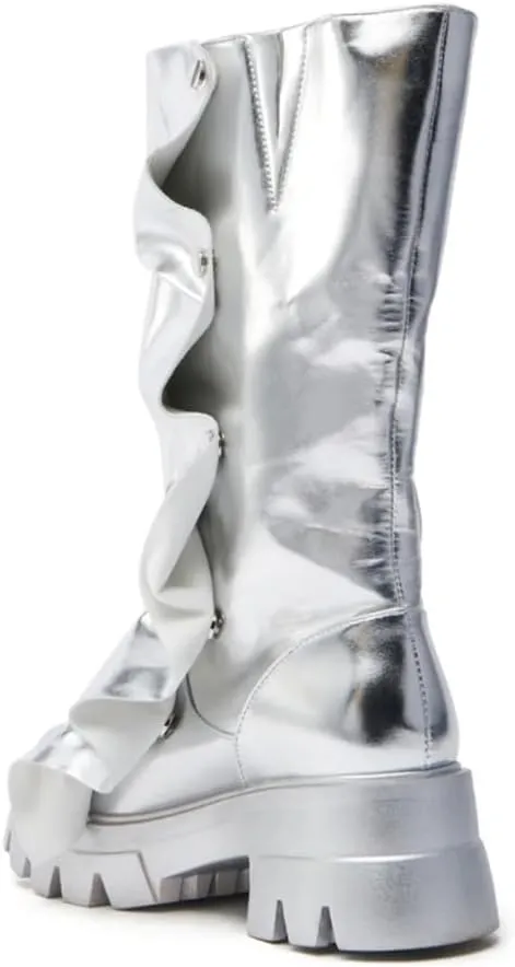 DETOGNI Womens Metallic Mid Calf Pull-On Fit Flat Boots Scrunched Detachable Overlay Snap Buttons Chunky Platform Rounded Toe Booties