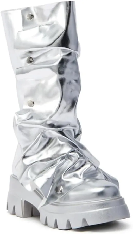 DETOGNI Womens Metallic Mid Calf Pull-On Fit Flat Boots Scrunched Detachable Overlay Snap Buttons Chunky Platform Rounded Toe Booties