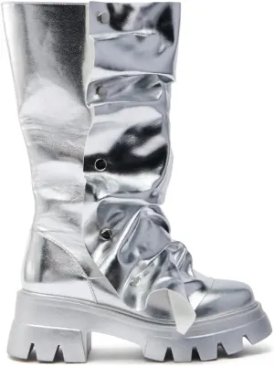 DETOGNI Womens Metallic Mid Calf Pull-On Fit Flat Boots Scrunched Detachable Overlay Snap Buttons Chunky Platform Rounded Toe Booties