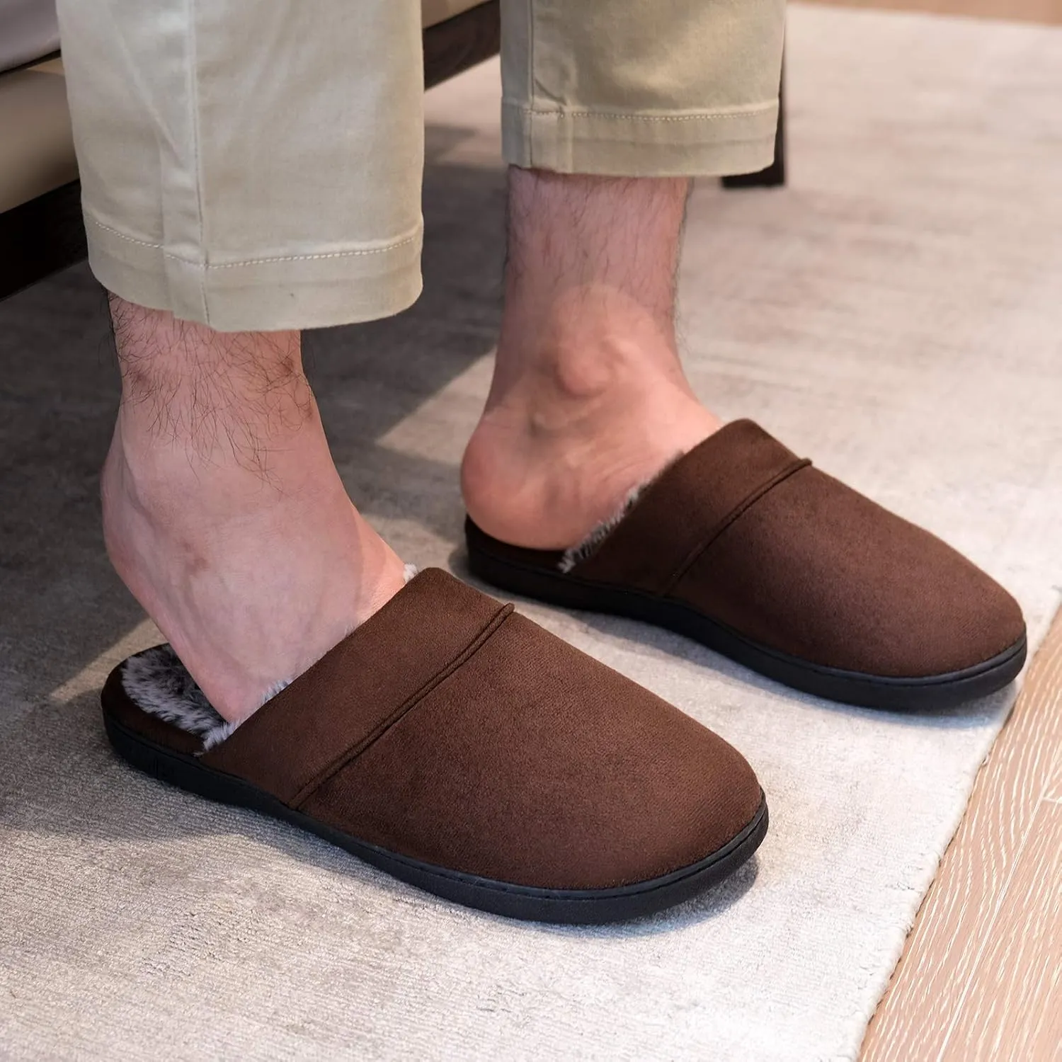 DL Men's Memory Foam Slippers with Fuzzy Plush Lining, Slip on House Slippers with Indoor Outdoor Anti-Skid Rubber Sole
